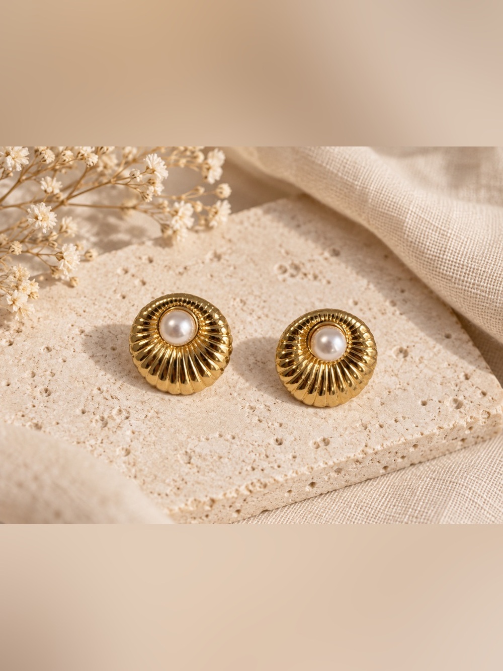 Vintage Style Gold Sunburst Pearl Stud Earrings
- Stainless Steel